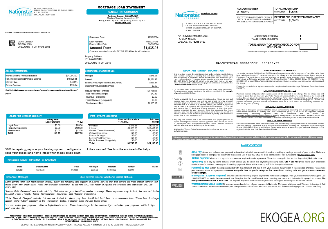 États , Unis Texas Nationstar Mortgage LLC relevé de prêt hypothécaire, 8 pages scr
